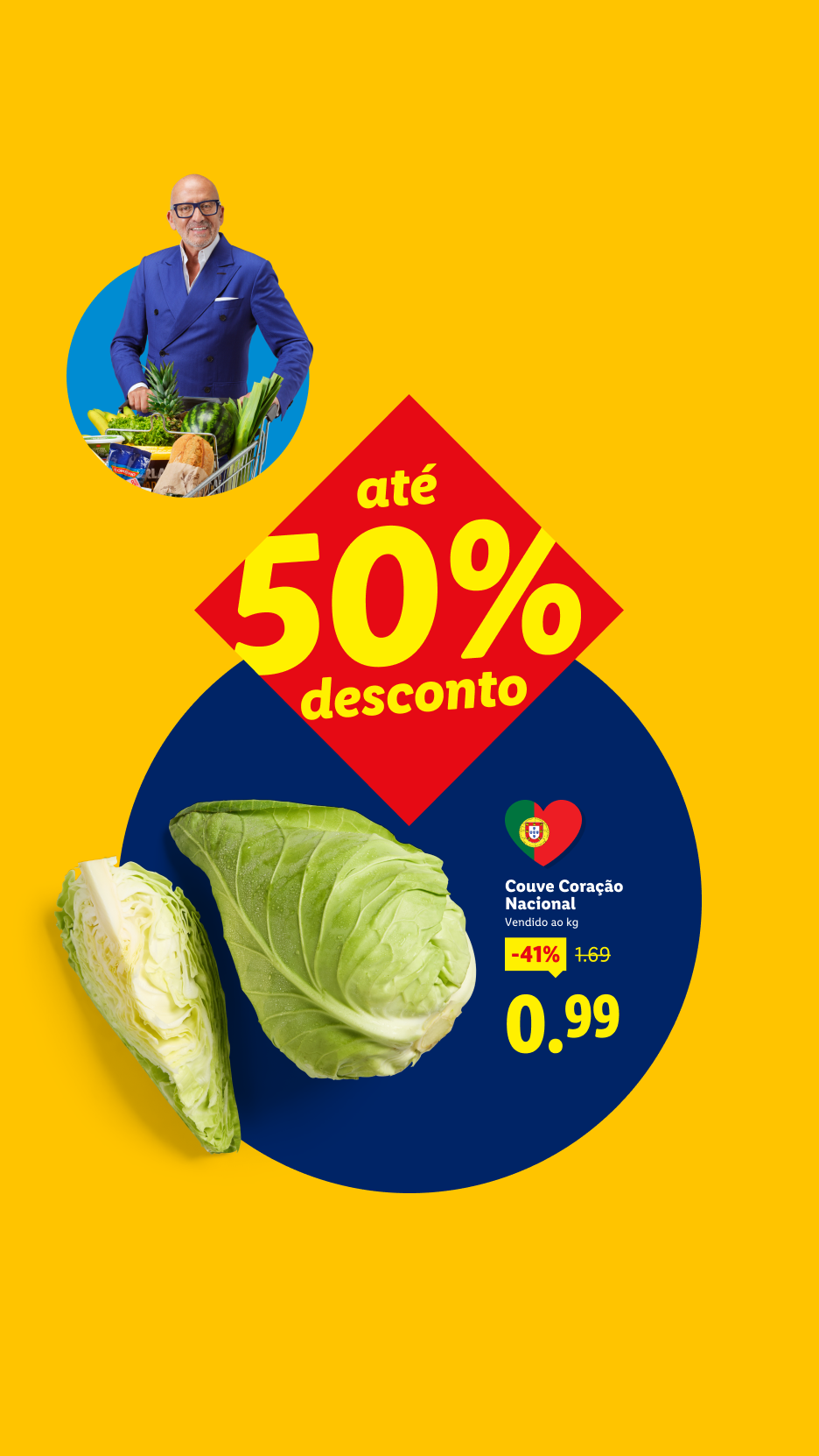 Homem sorridente com carrinho de compras, couve-coração nacional com 41% de desconto a 0,99€/kg.