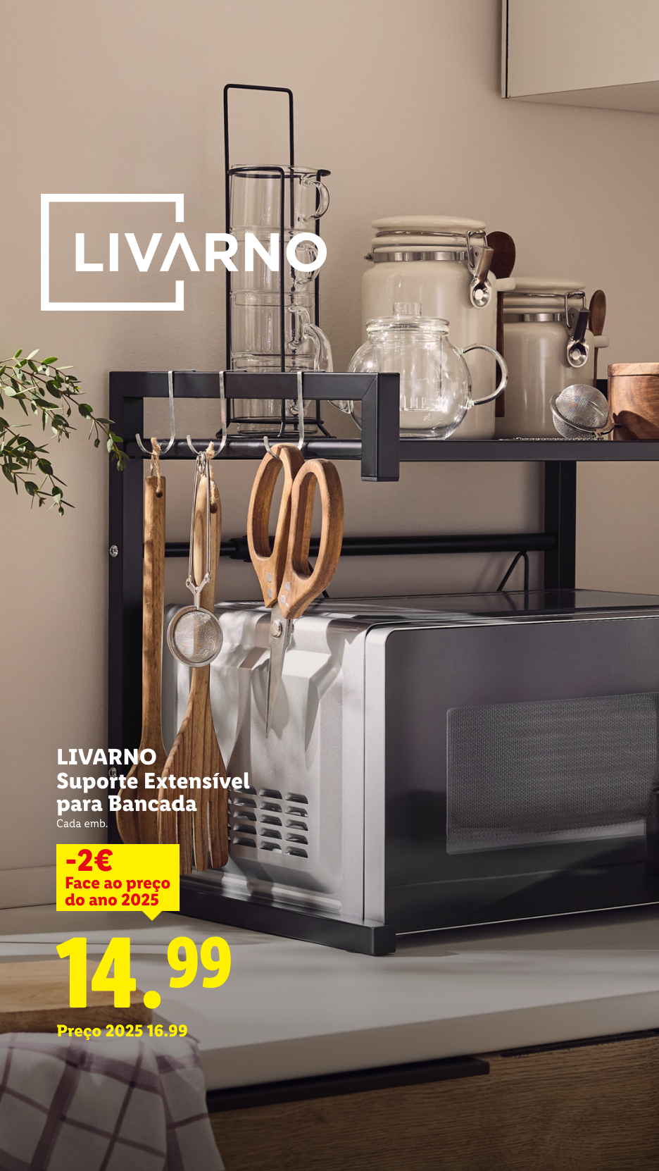 Suporte extensível para bancada com utensílios de cozinha e micro-ondas, com preço de 14,99€.