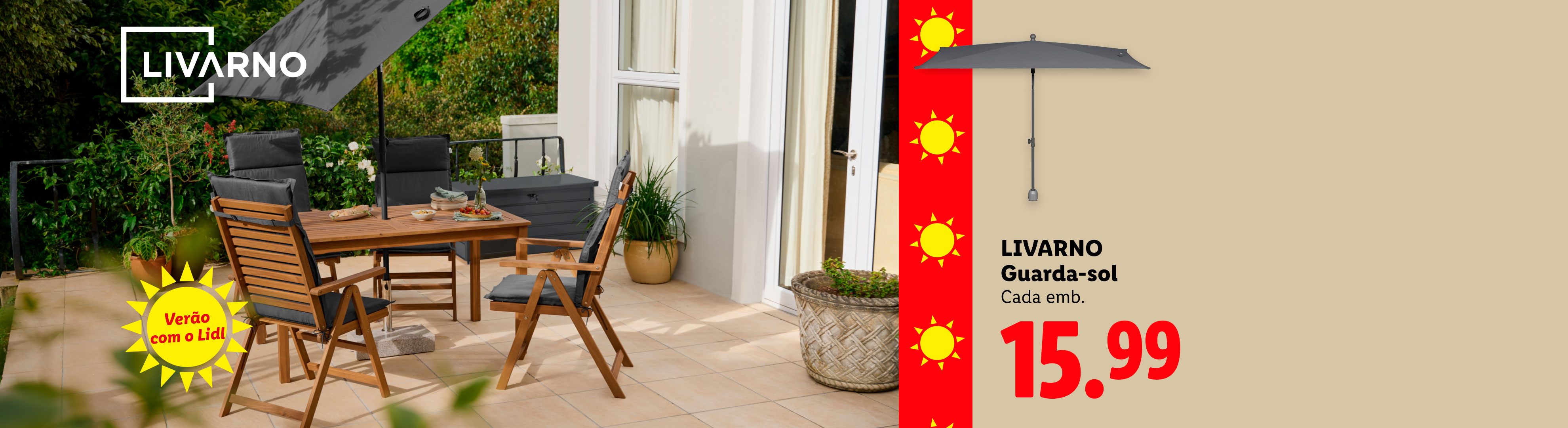 Guarda-sol de jardim cinzento com mesa e cadeiras de madeira, preço 15.99.