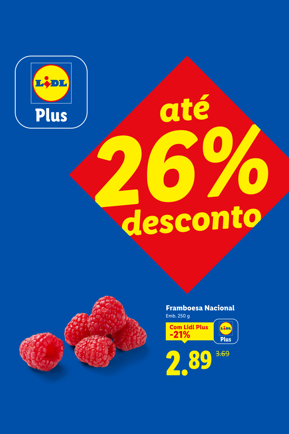 Anúncio de framboesas com 26% de desconto, preço final de 2,89€.