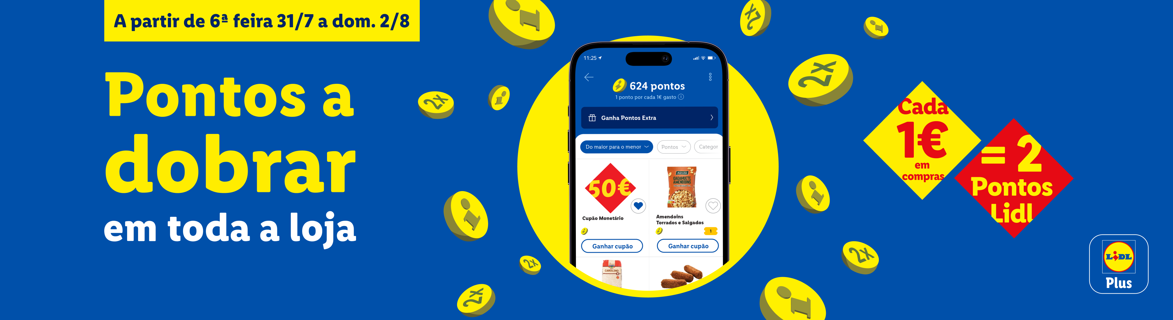 Promoção de pontos a dobrar em toda a loja, com a aplicação Lidl Plus a mostrar 624 pontos e cupões.
