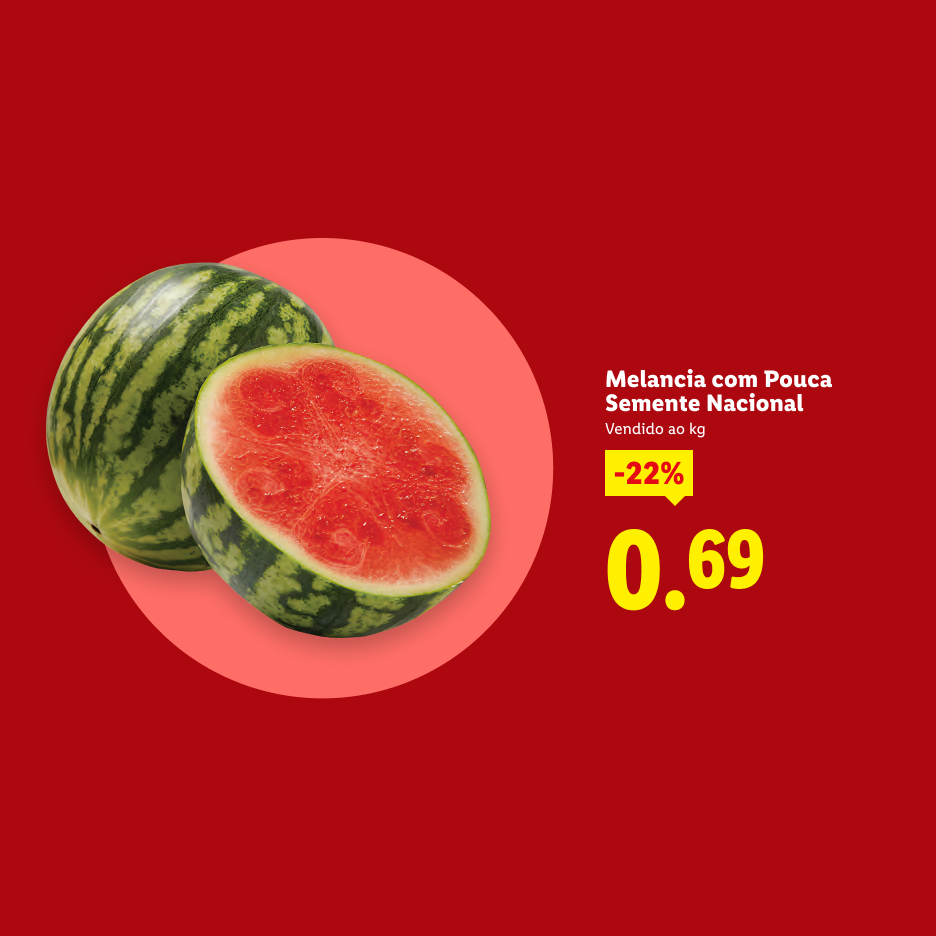 Melancia com pouca semente, vendida ao kg, com 22% de desconto, por 0,69.