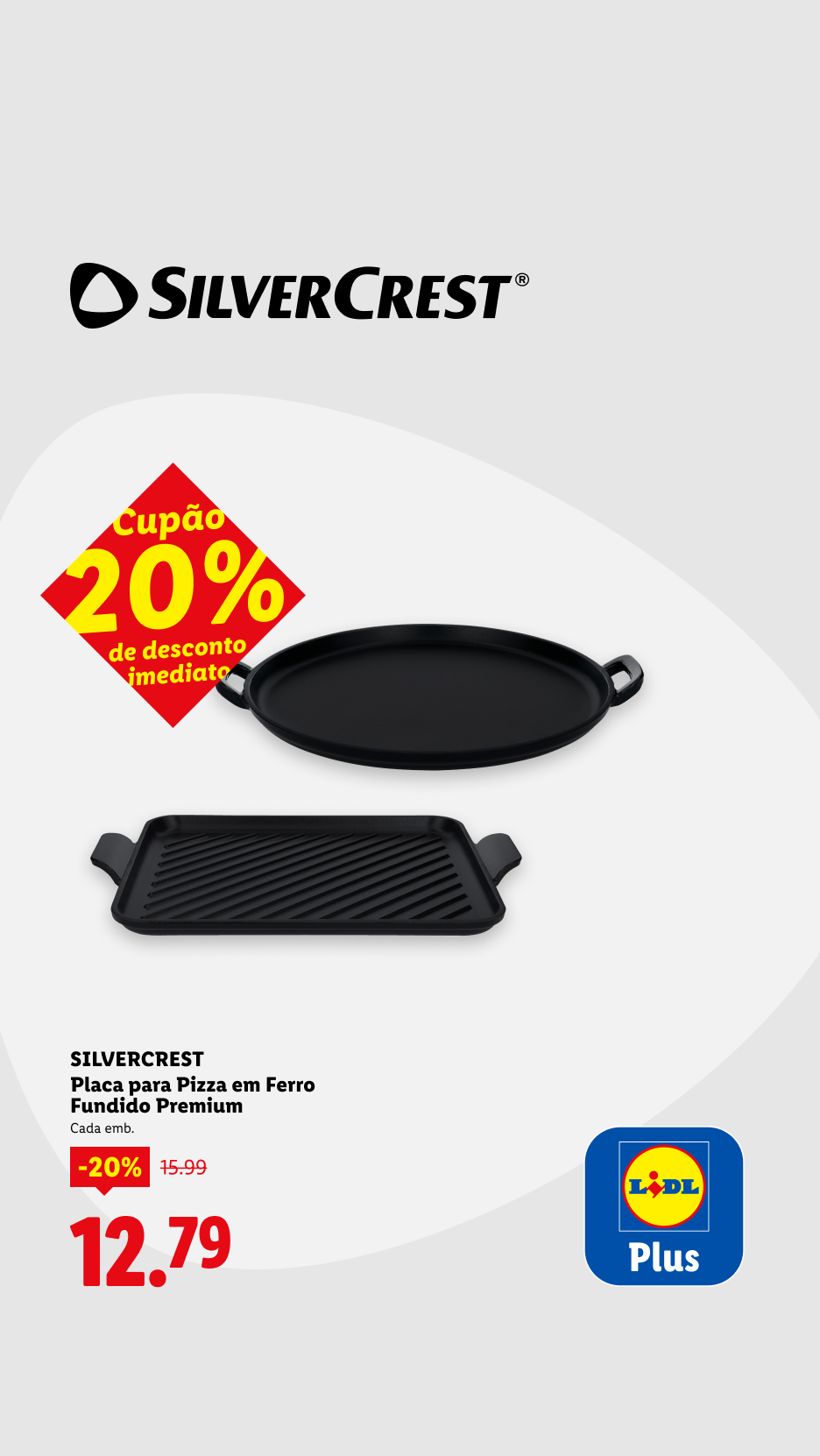 Placa de pizza e grelhador em ferro fundido com 20% de desconto, preço final 12,79€.
