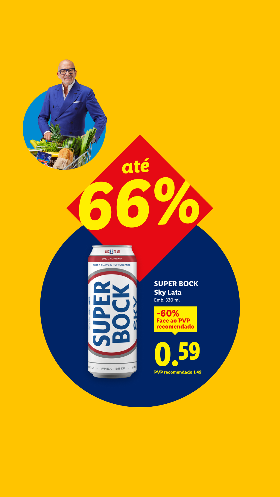 Homem com carrinho de compras e cerveja em lata com desconto de até 66%.