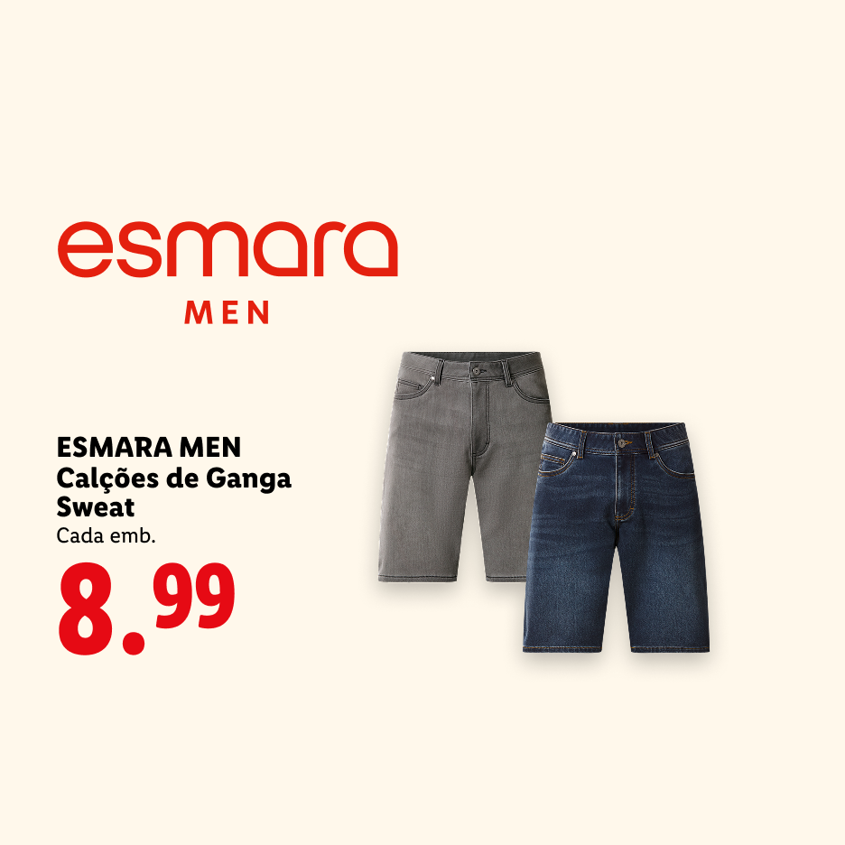 Calções de ganga sweat masculinos em cinzento e azul, com preço de 8,99.