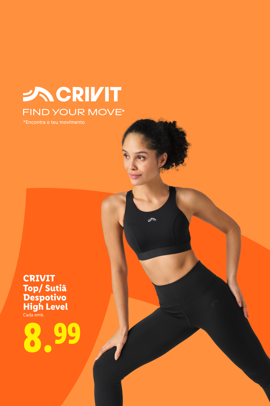 Mulher a usar top e leggings desportivas pretas, com o preço de 8,99€.