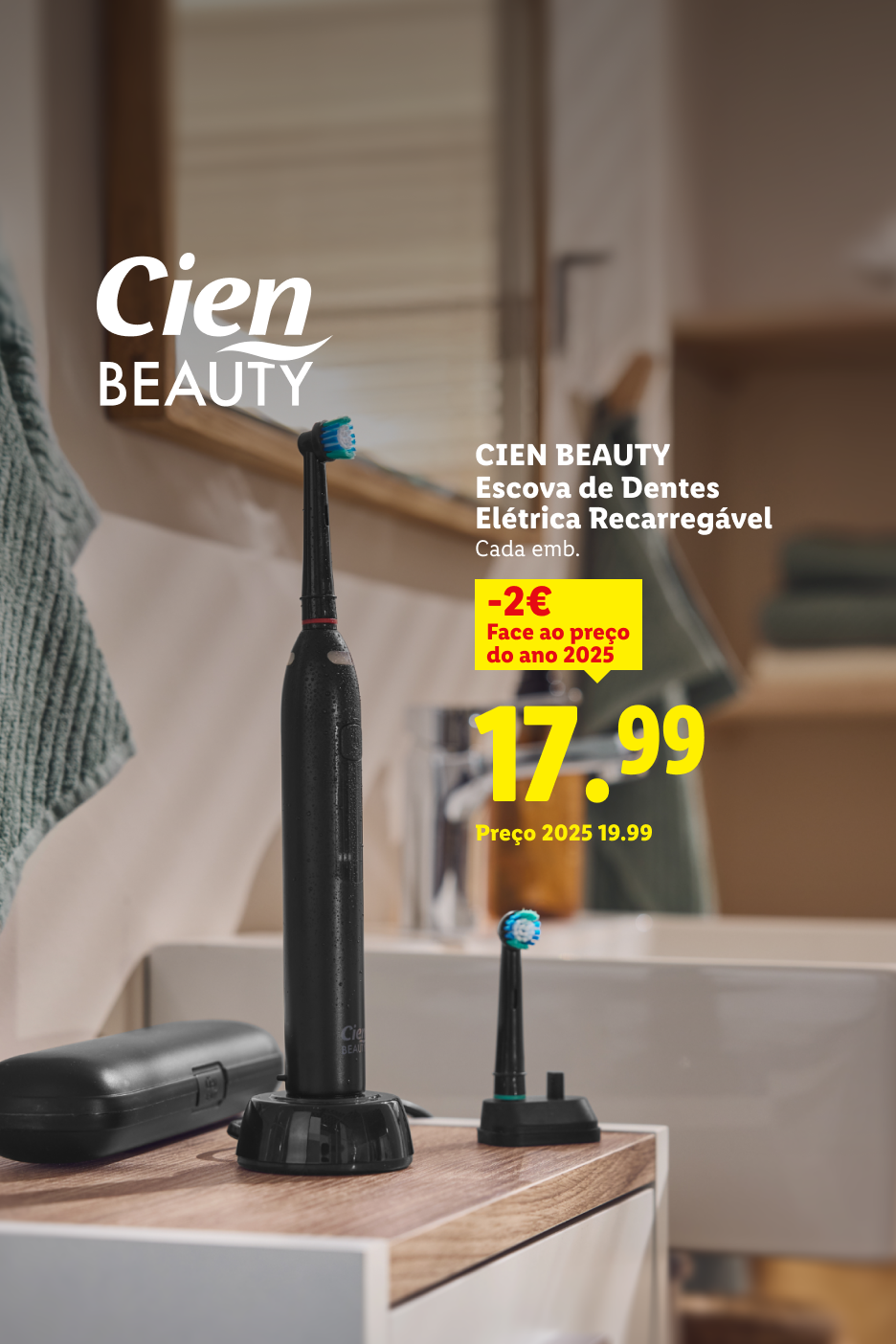 Escova de dentes elétrica recarregável preta com desconto de 2€, agora 17,99€.