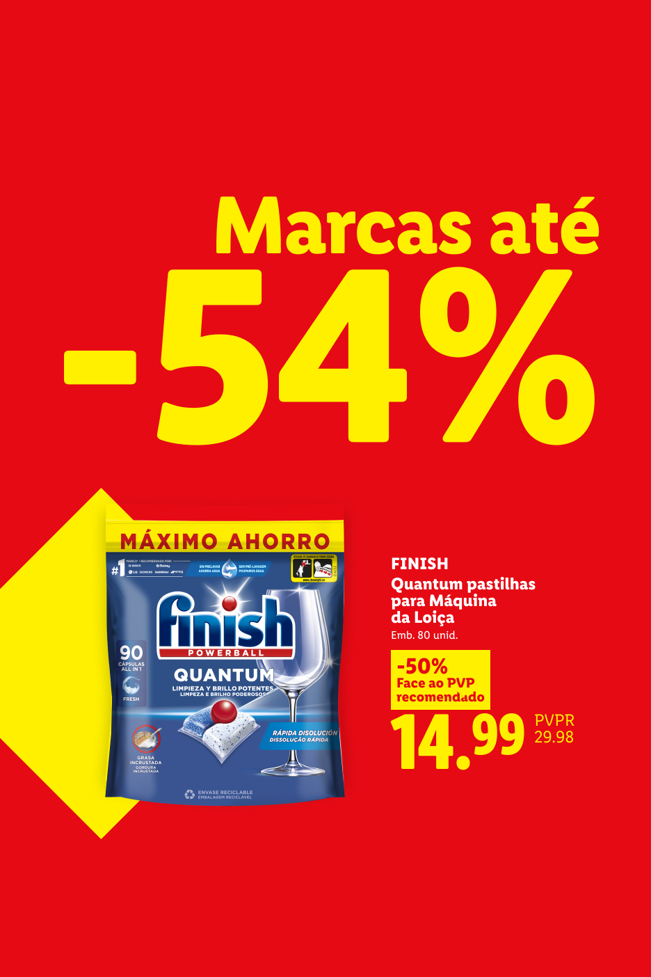 Anúncio de desconto de até -54% em várias marcas, destacando pastilhas para máquina de lavar loiça.