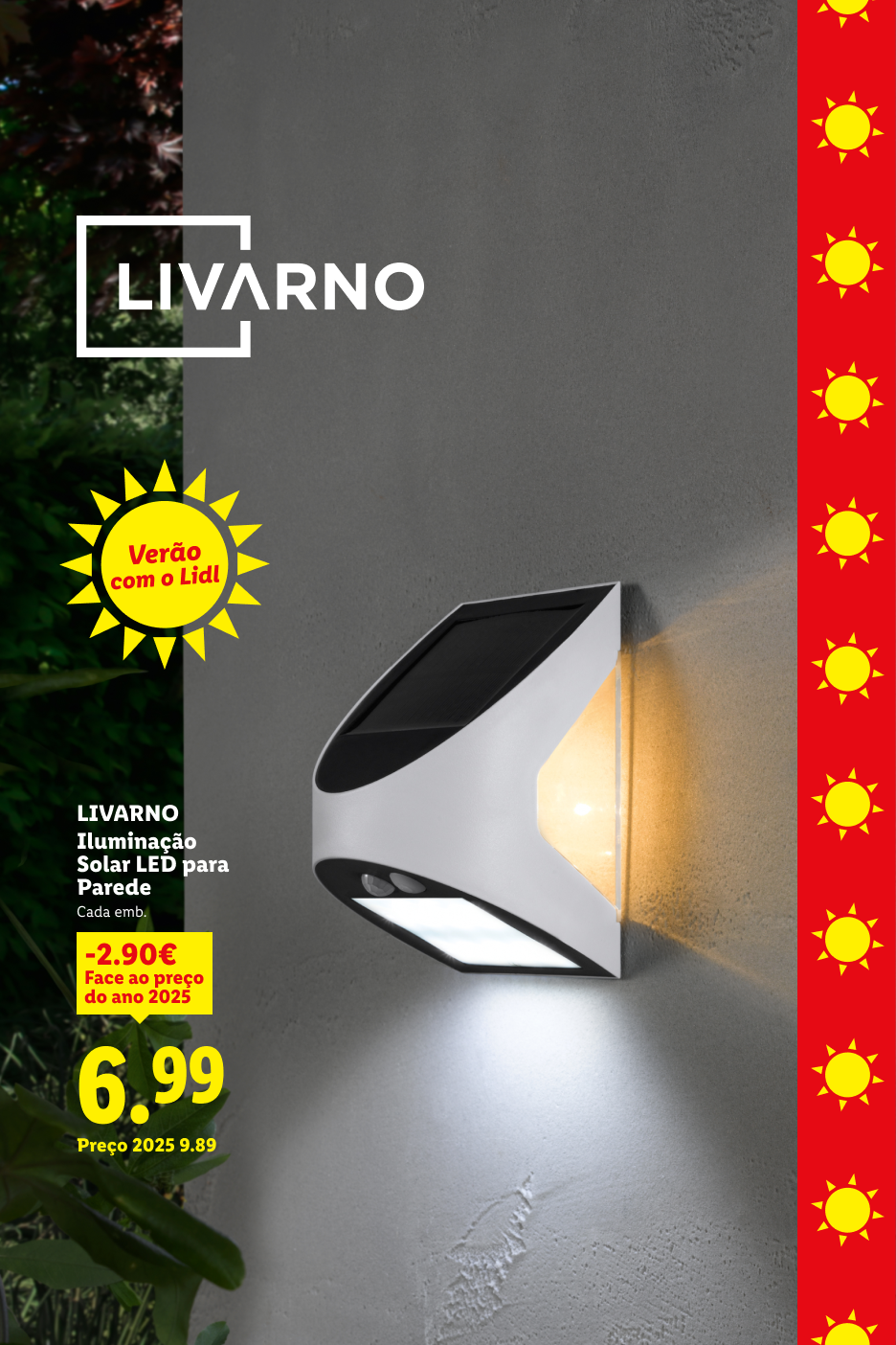 Iluminação solar LED para parede, com preço de 6.99€, destacada para o verão com o Lidl.