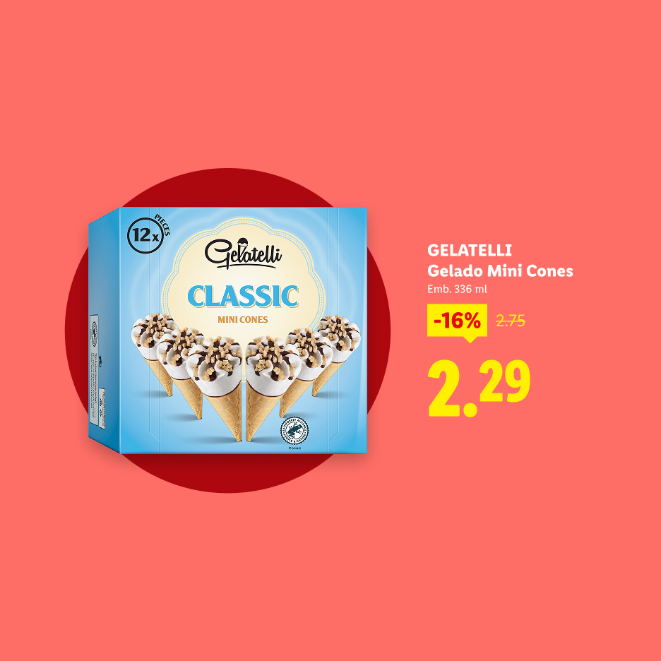 Caixa de mini cones de gelado clássicos com 12 unidades, em promoção a 2,29€.