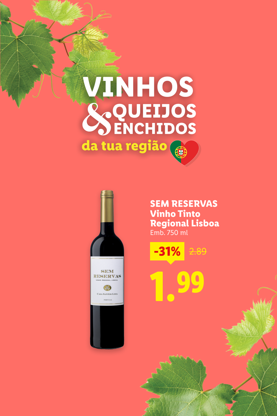 Vinhos, queijos e enchidos da tua região, com vinho tinto regional Lisboa em promoção.