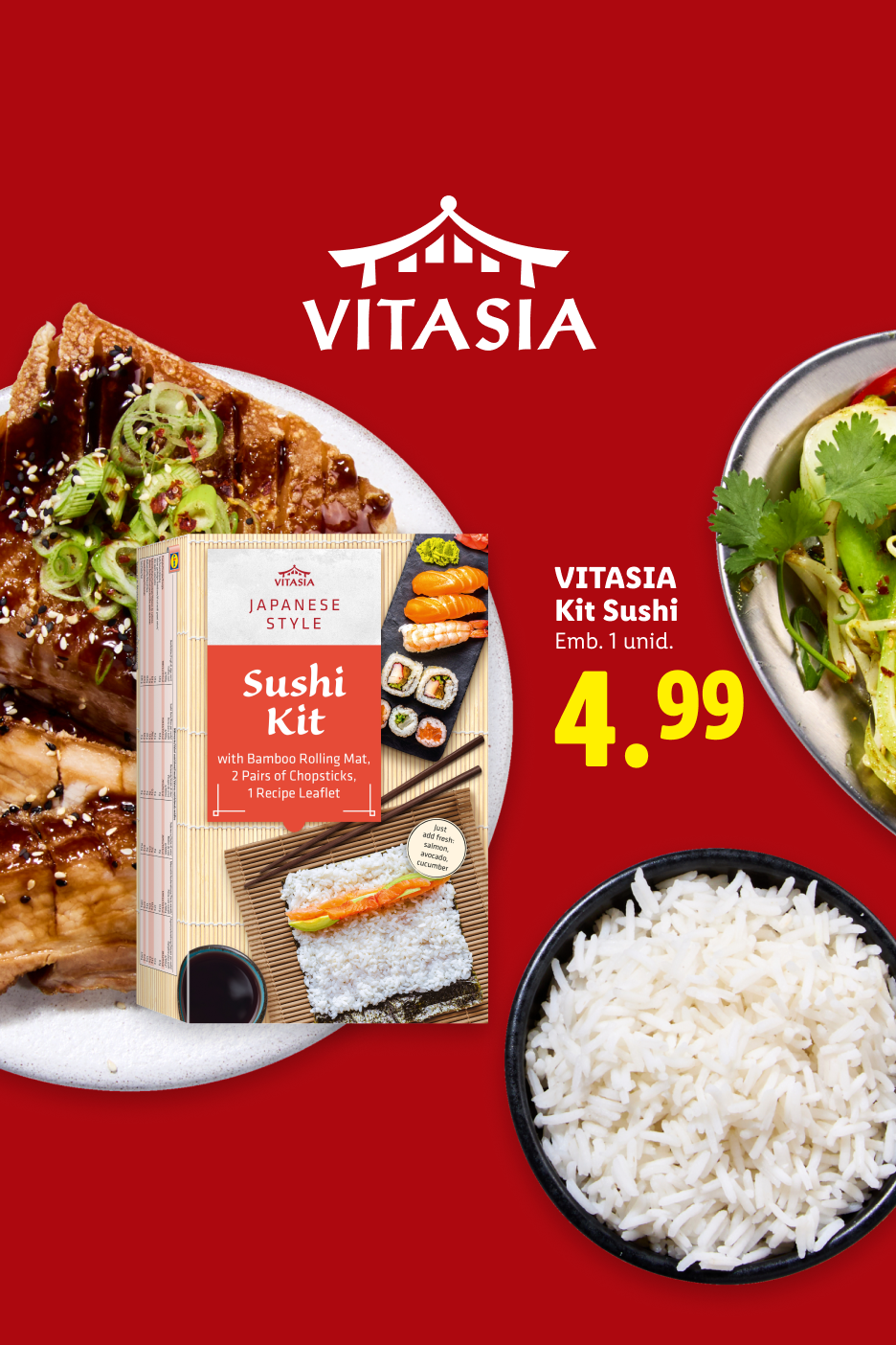 Kit de sushi estilo japonês com esteira de bambu, pauzinhos e folheto de receitas, 4,99€.