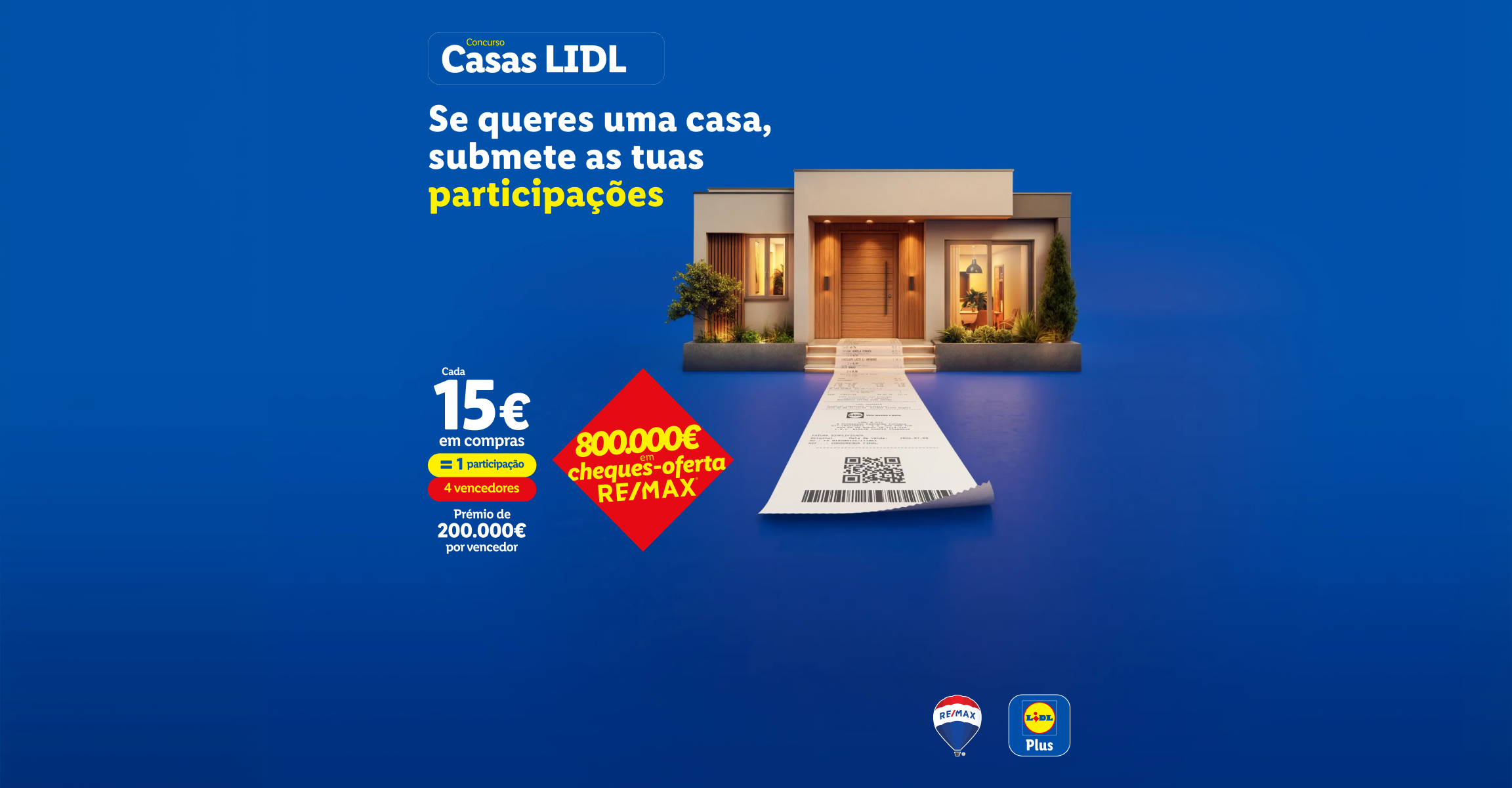 Anúncio de concurso para ganhar vales de compras para casa, com imagem de moradia moderna.