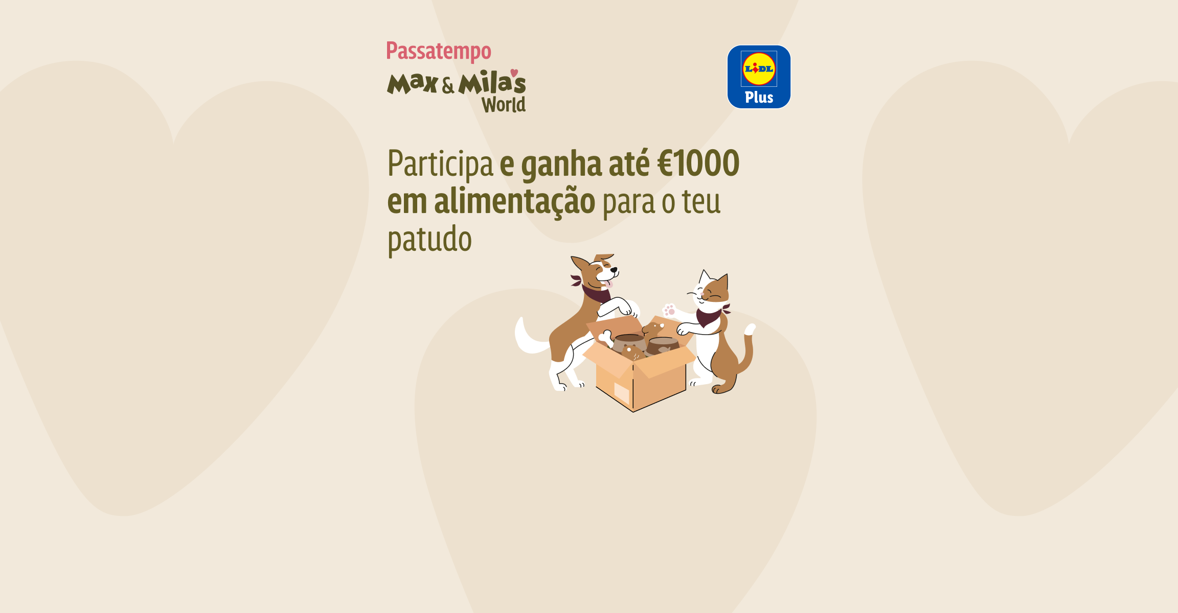 Banner promocional com cão e gato ilustrados e texto sobre passatempo para ganhar alimentação.