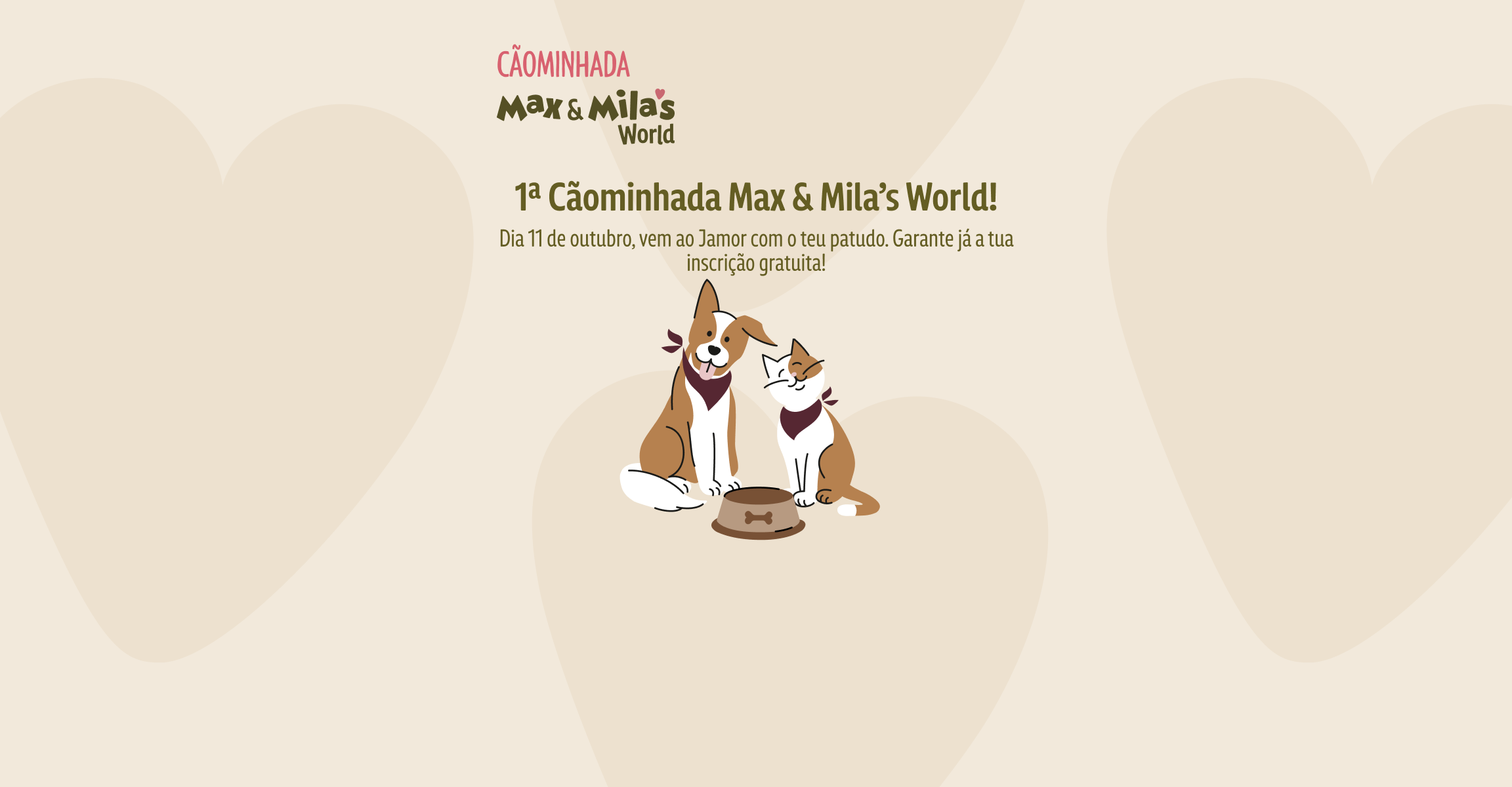 Cartaz da 1ª Cãominhada com ilustrações de cão e gato e informações sobre o evento.