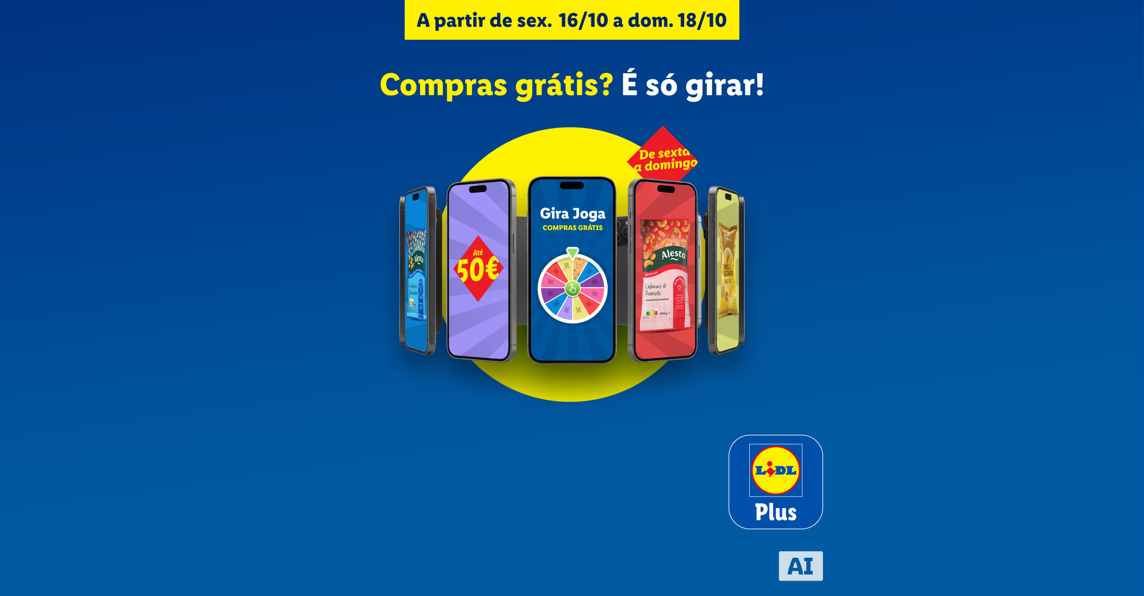 Anúncio azul de campanha promocional em aplicação móvel com smartphones e roda da sorte.