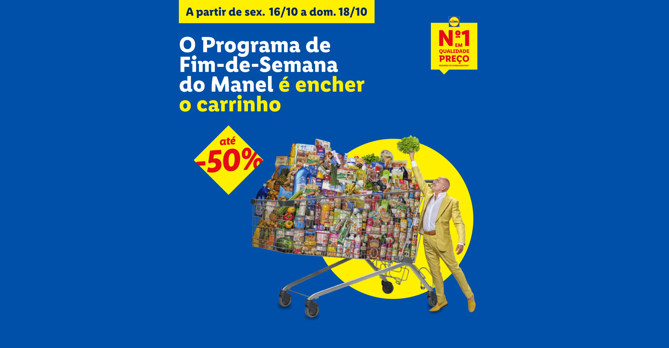 Anúncio de fim de semana com descontos até 50% e um carrinho de compras cheio.