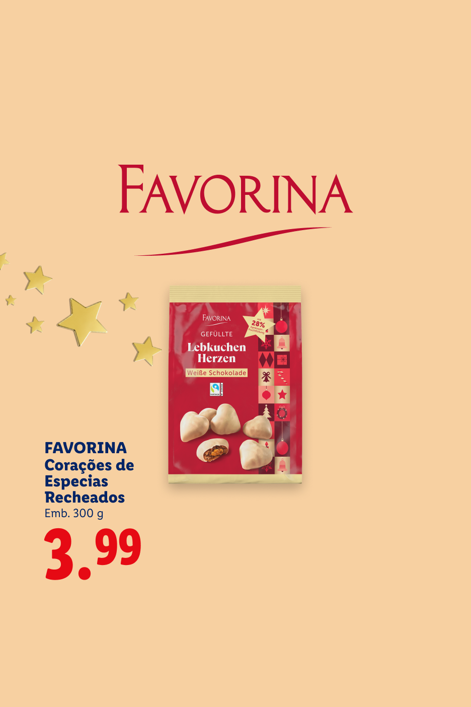 Corações de especias recheados com chocolate branco por 3,99 €.