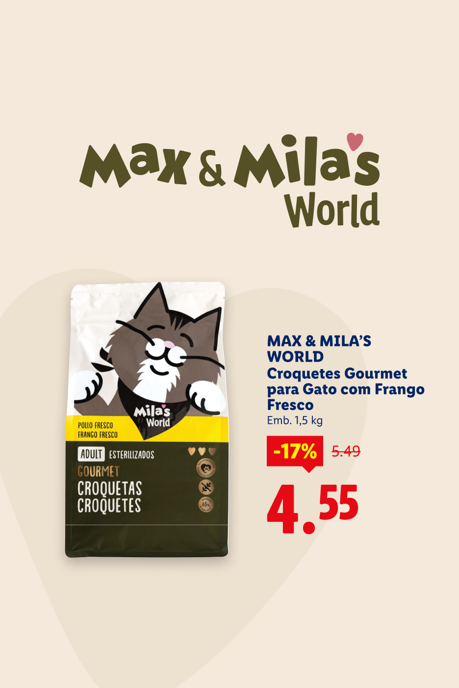 Ração gourmet para gato esterilizado com frango fresco, com desconto de 17%.