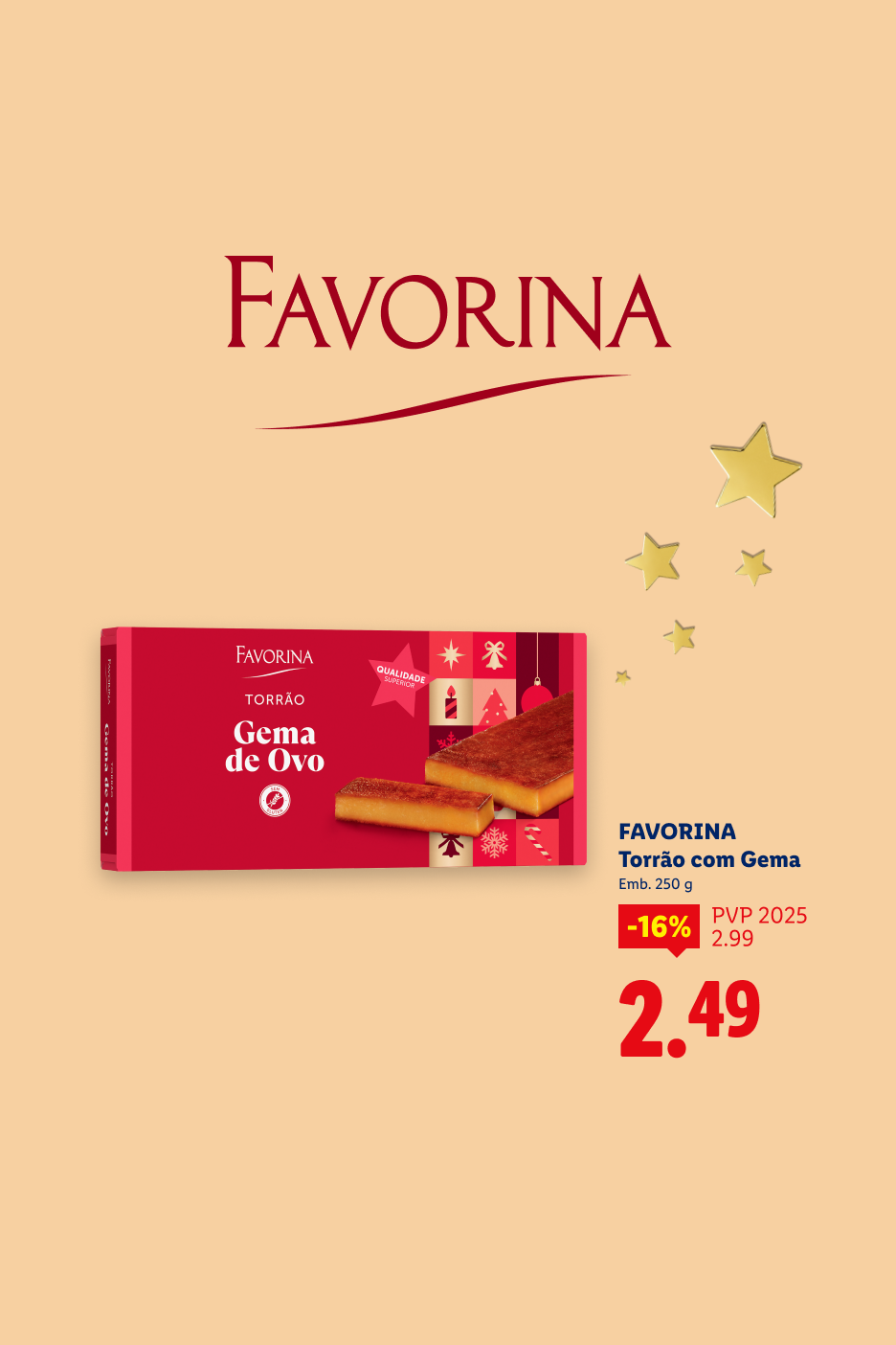 Torrão com gema de ovo de 250 g em promoção por 2,49€.