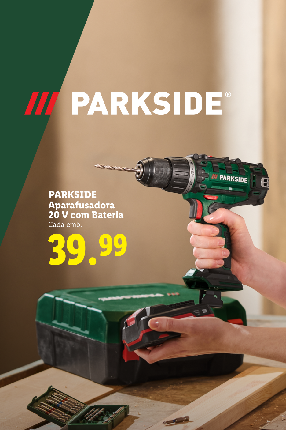 Aparafusadora de 20 V com bateria por 39,99 €.