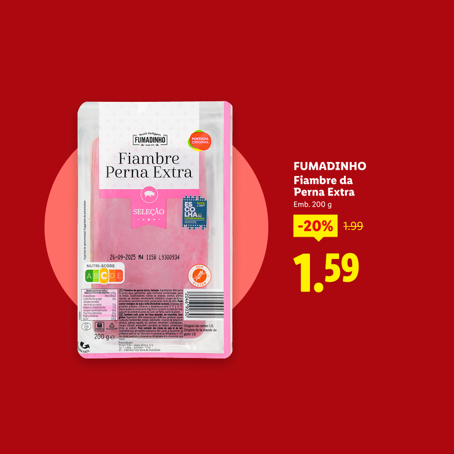 Fiambre de perna extra fatiado de 200 g em promoção por 1,59 €.