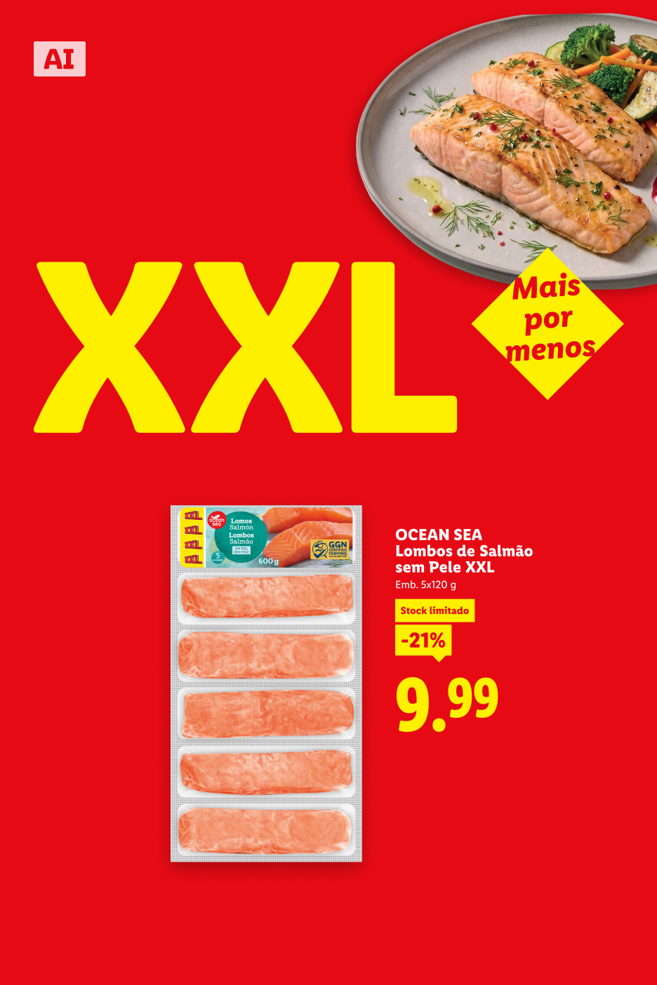 Ocean Sea Lombos de Salmão sem Pele XXL, embalagem de 5x120 g por 9,99 € com 21% de desconto.