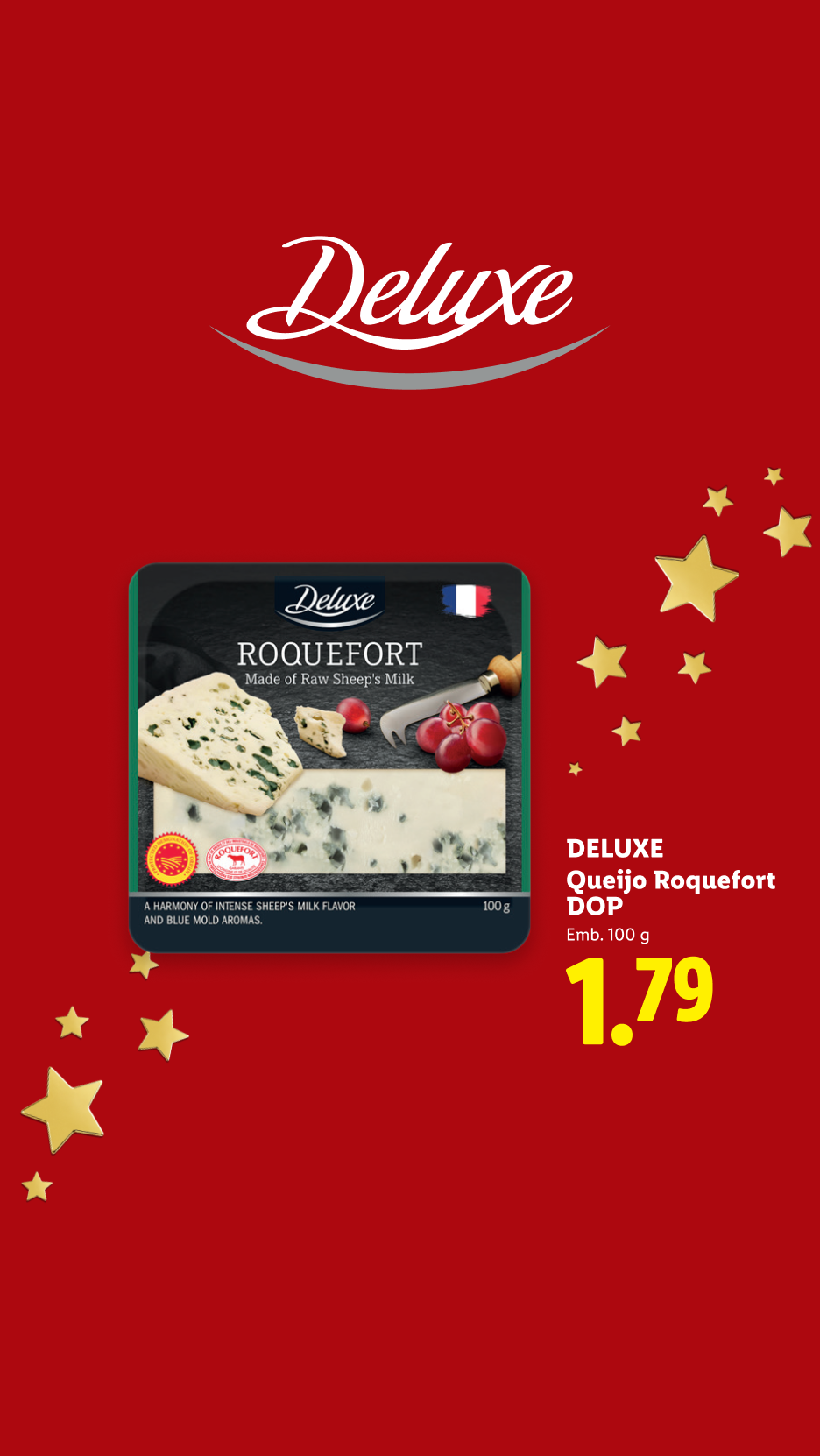 Queijo Roquefort DOP fatiado em embalagem de 100 g por 1,79€.