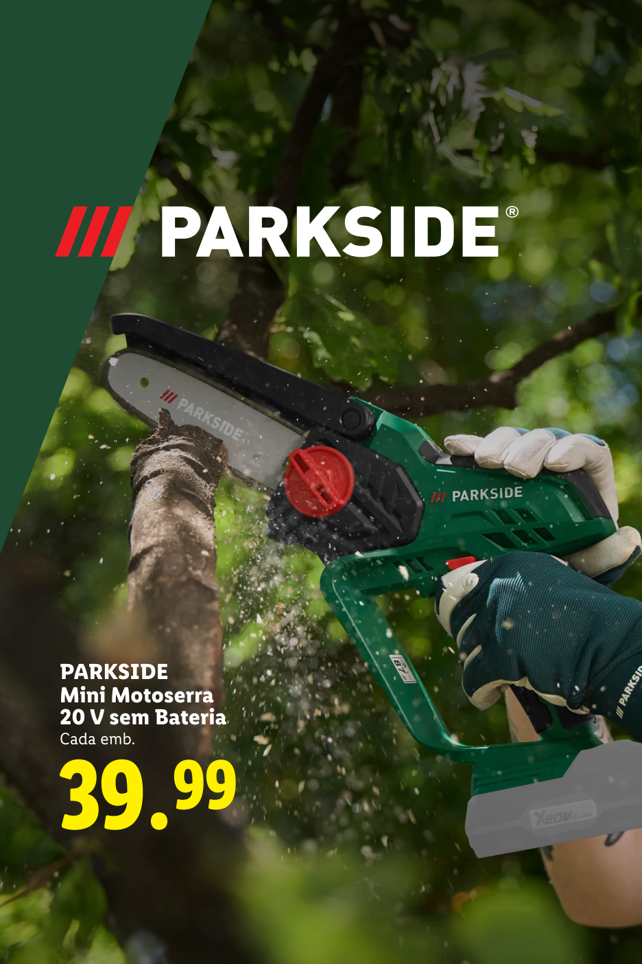 Mini motosserra de 20 V sem bateria por 39,99 €.