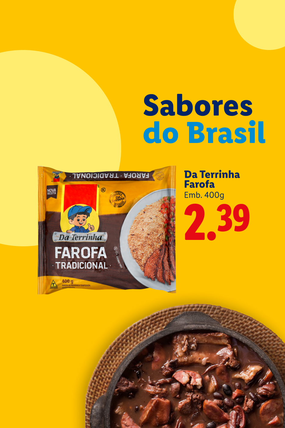 Embalagem de farofa tradicional de 400g com preço de 2,39€, sobre um fundo amarelo com o texto 'Sabores do Brasil'.