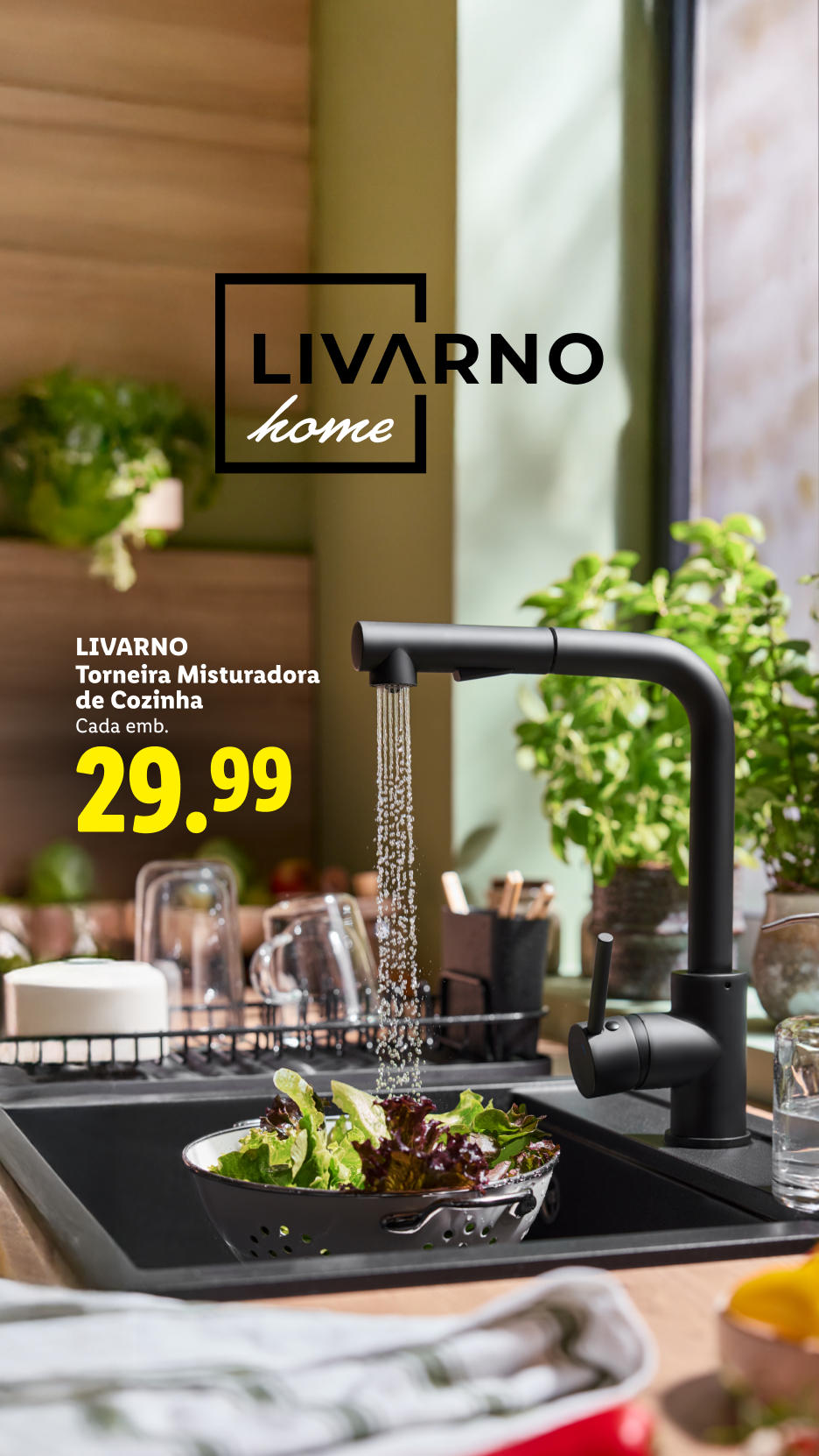 Torneira misturadora de cozinha preta a lavar alface numa pia, com o preço de 29.99.