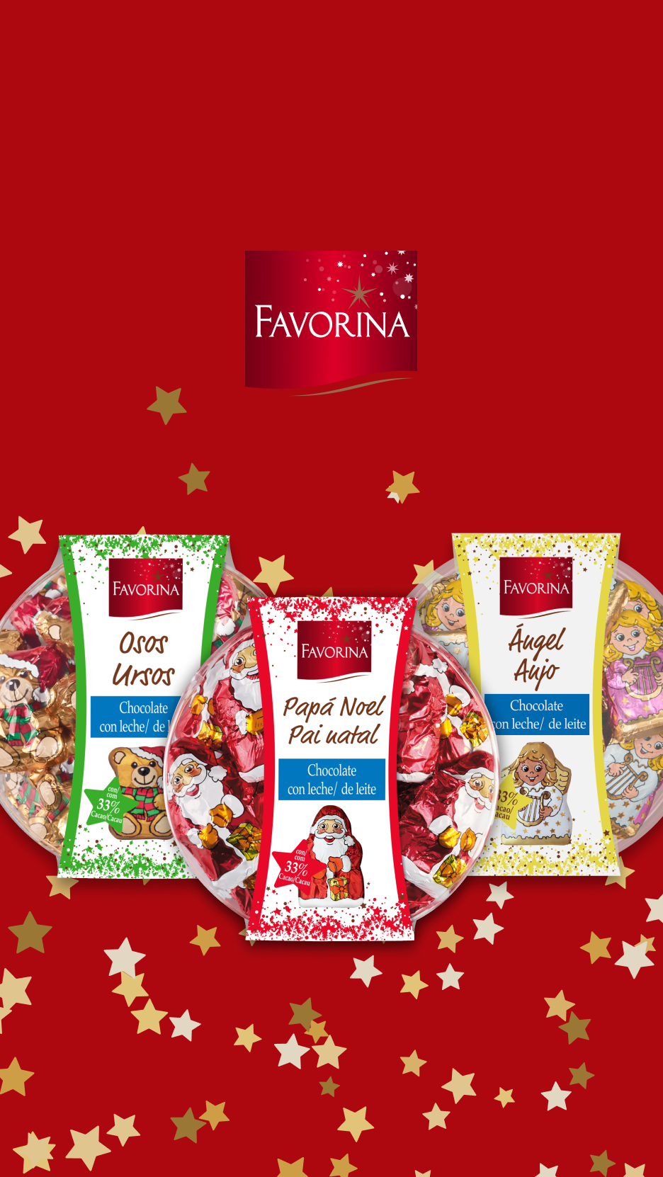 Chocolates Favorina de Natal em forma de ursos, Pai Natal e anjos.