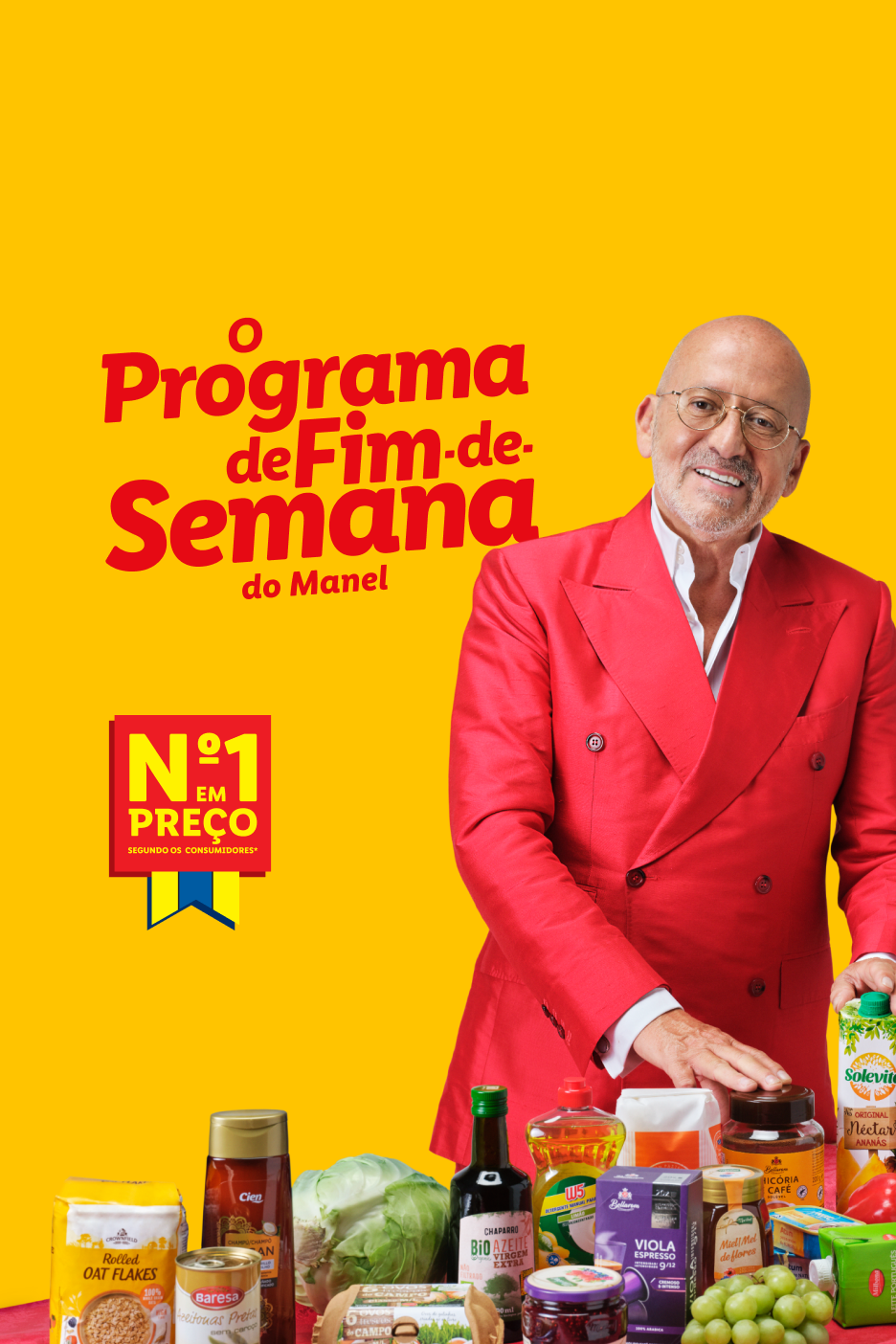 Manel, com produtos Lidl como aveia, azeite, café e néctar, no 'Programa de Fim-de-Semana'.