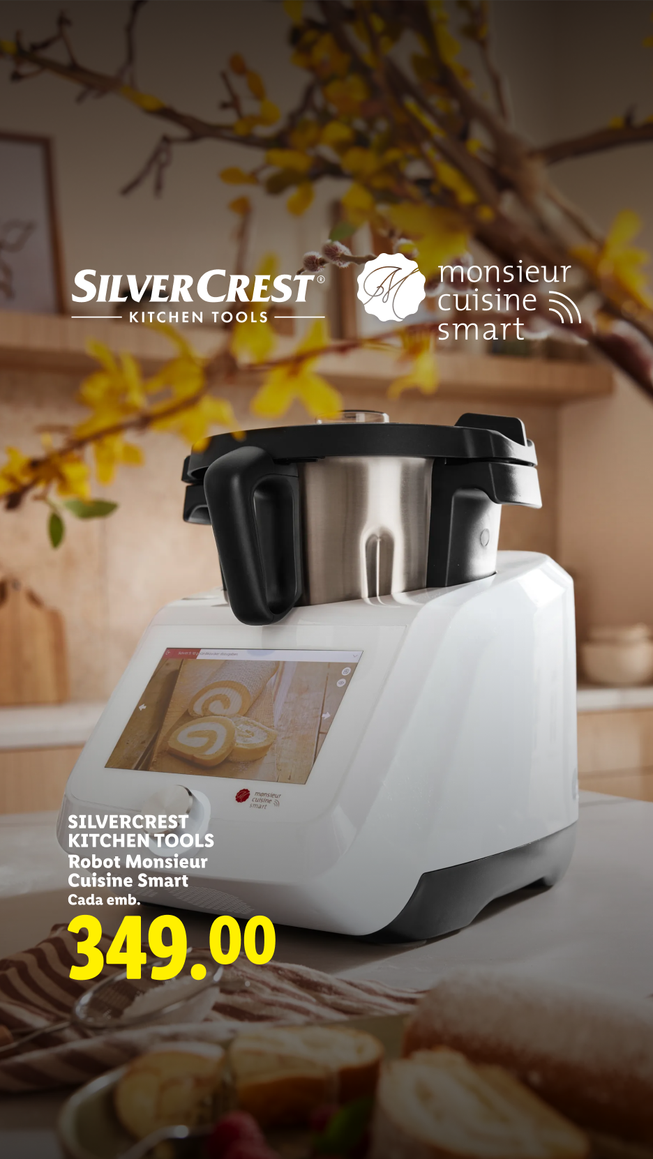 Robô de cozinha inteligente com ecrã tátil, exibindo um rolo de canela, com preço de 349,00.