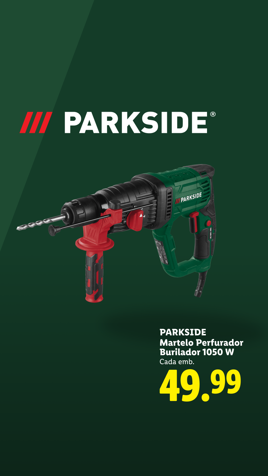 Martelo perfurador burilador de 1050 W, com preço de 49,99.