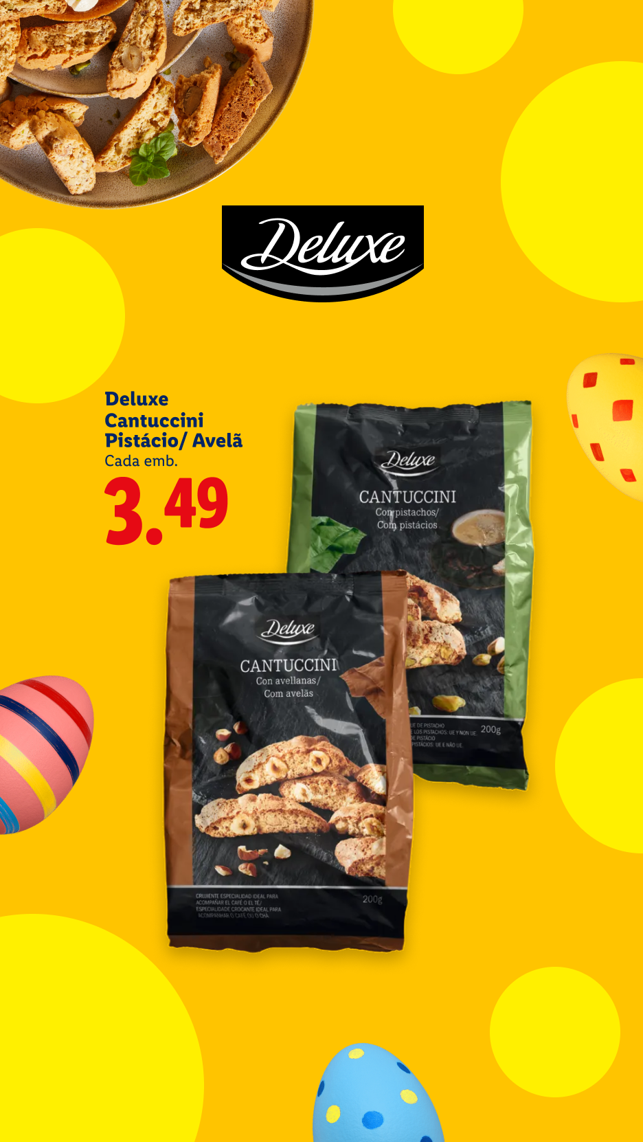 Cantuccini de pistácio e avelã em embalagens, com preço de 3,49€, sobre um fundo amarelo.