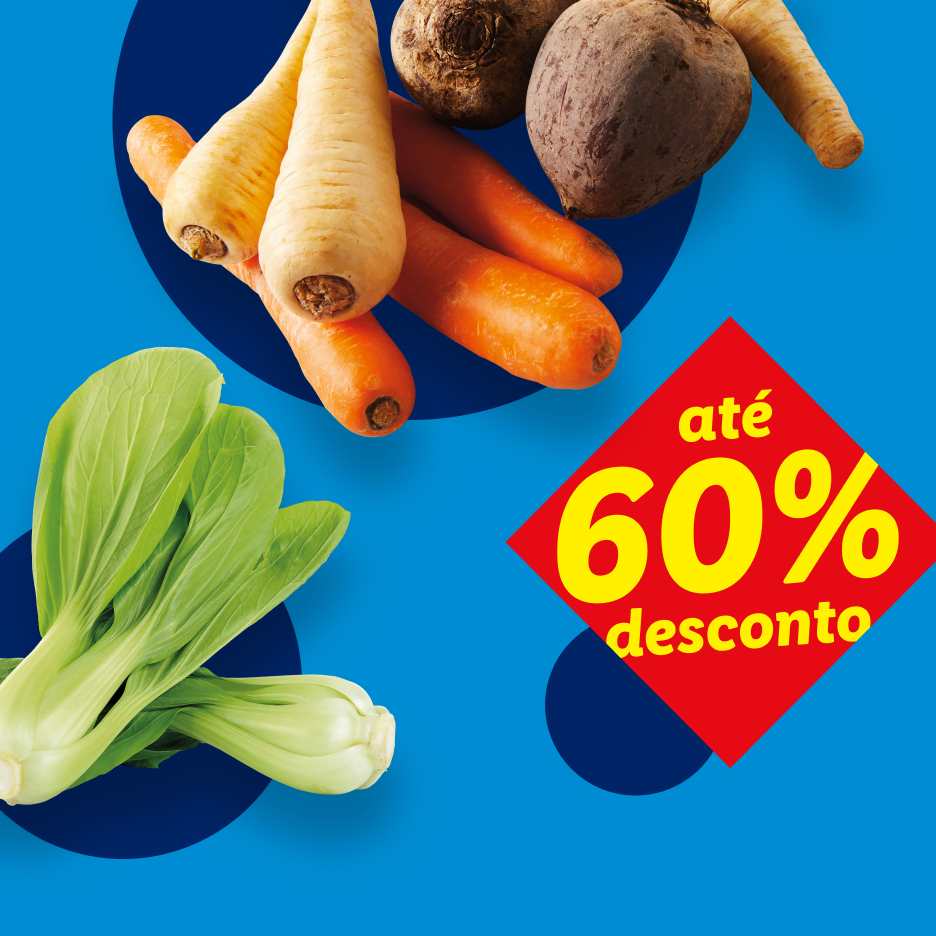 Vegetais frescos como cenouras, beterrabas e pak choi, com um desconto de até 60%.